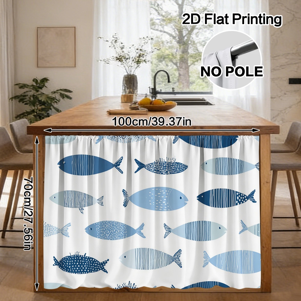 TEMU 2d Flat, 1pc Kitchen Cabinet Curtain, Blue Fish Pattern, Rod Pocket Installation, Machine Washable Polyester, Under Kitchen Counter Decor, 2d