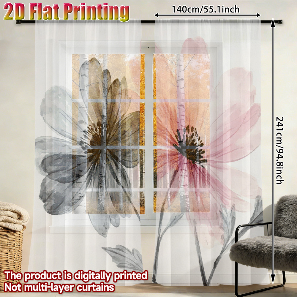 TEMU 2d Flat, 2pcs Set, 2d Flat Print Exquisite Sheer Curtains, Delicate Pink And Gray With Intricate Petals And Leaves. Suitable For Living Room,