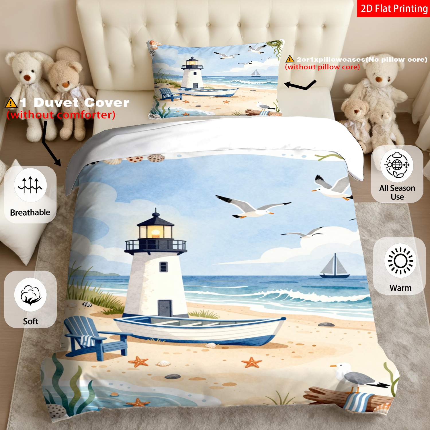 TEMU 2/3pcs Of 2d Flat-printed Modern Coastal Bedding Featuring Blue And White Nautical Designs With , , And Boats, Perfect For Bedroom Decoration