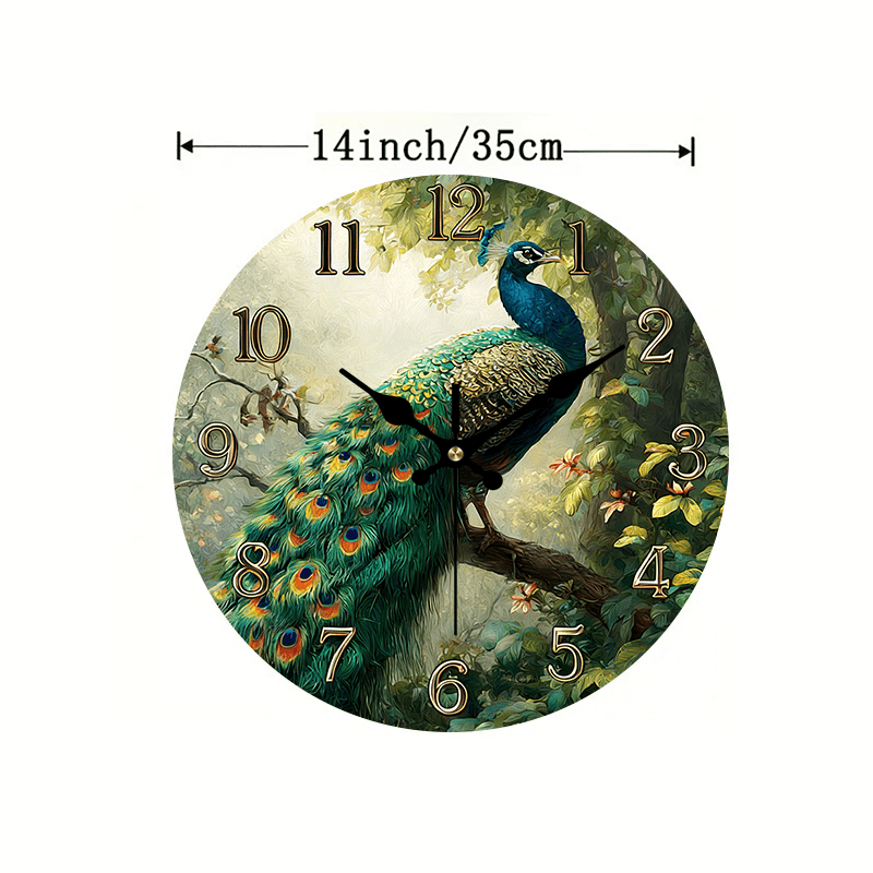 TEMU 2d Flat. 1pc, Wooden Wall Clock: Peacock Open Screen Clock Silent Round Clock, Perfect Decoration For Bedroom, Living Room, Office, Kitchen And