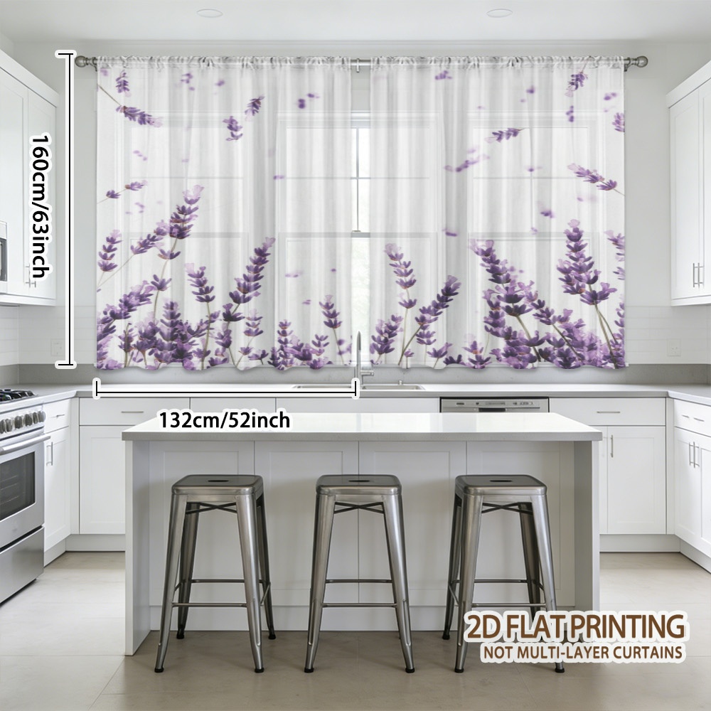 TEMU 2d Flat, 2d Flat Printing, 2pcs Lavender Fresh Natural Printed Sheer Curtains, Elegantly Rod Pocket For Decoration, Durable, Suitable For Home