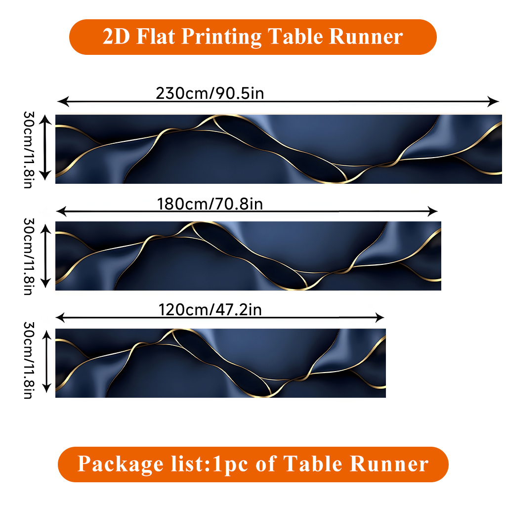 E-shop 2D Flachdruck Tischläufer 1 Stück, Goldene auf blauem Tischläufer, Tischdekoration, Elegant für festliche Partys, Familienessen, Küchen-