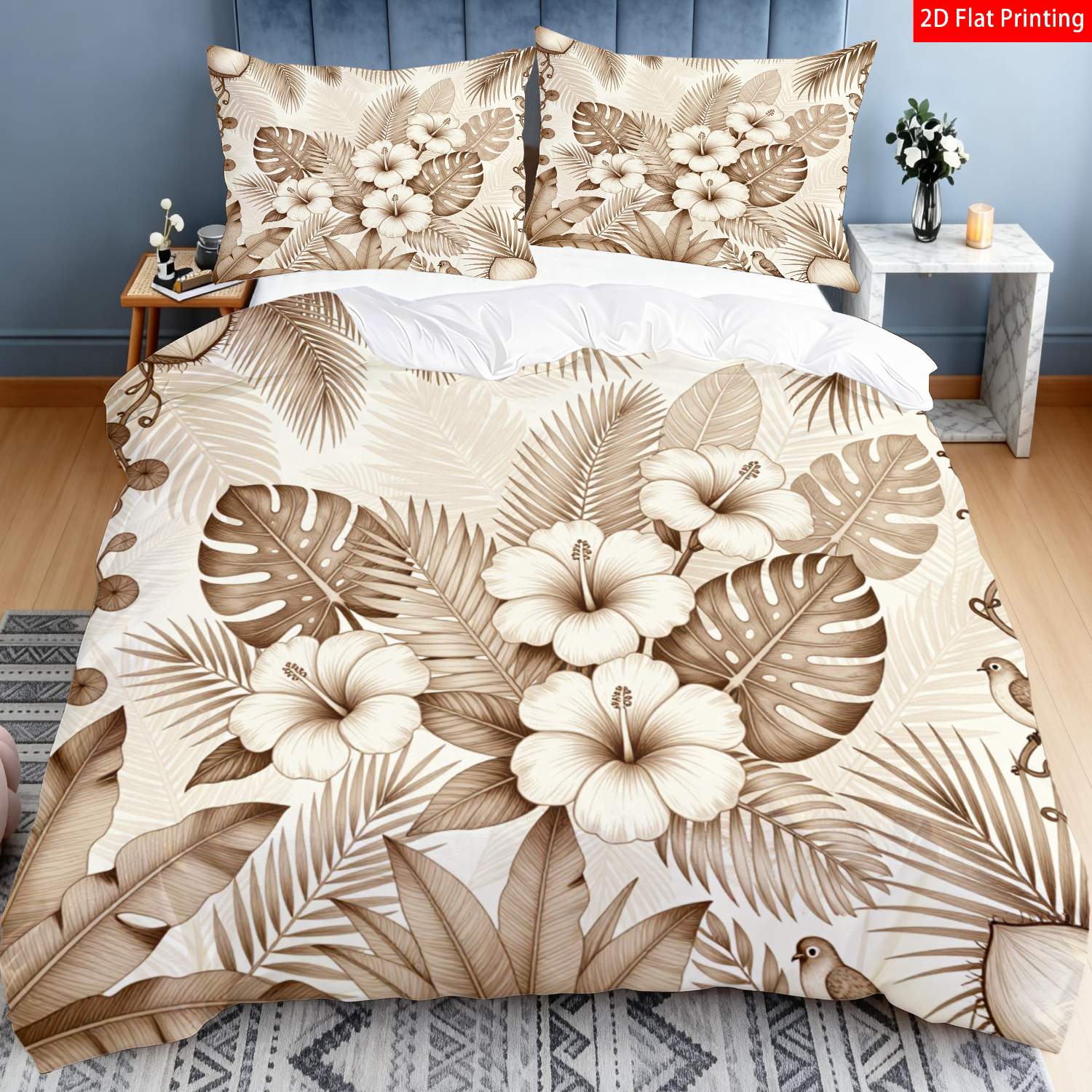 TEMU Ensemble de literie moderne beige 2/3 pièces avec de feuilles de palmier, d'hibiscus et d'oiseaux pour la décoration de chambre (comprenant 1