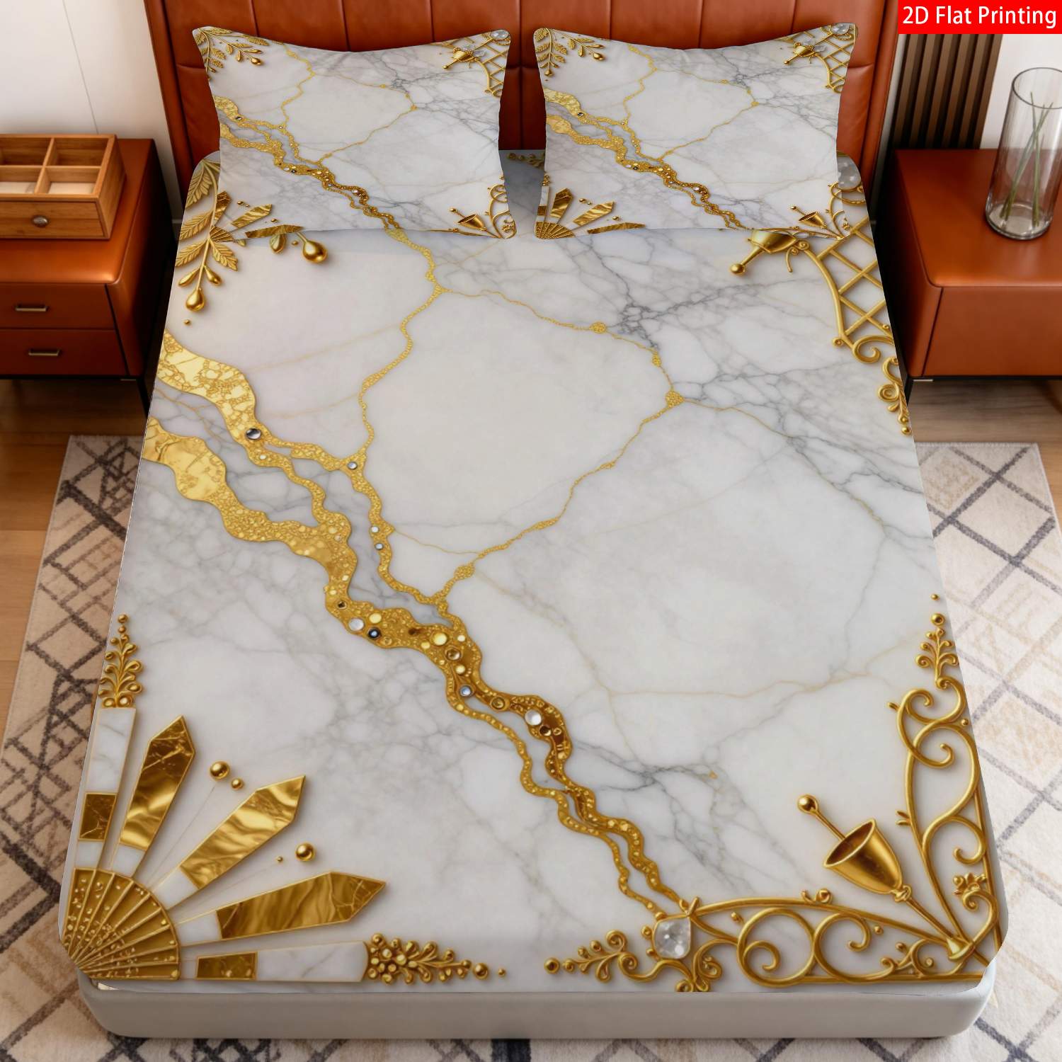 TEMU 2/3pcs 2d Flat Printing Fitted Sheet   Luxury Ornate, Marble & Golden Theme, Bedding, White & Golden, Foil Leaf Pattern With Geometric Accents,