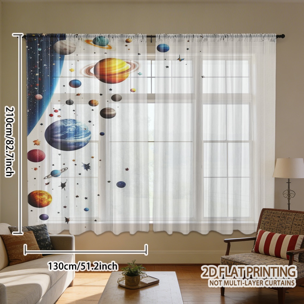 TEMU 2d Flat - 2d Flat - 2pcs Elegant Colorful Solar System Art Pattern Sheer Curtains | Breathable, Semi-transparent Privacy Gauze For Living Room &