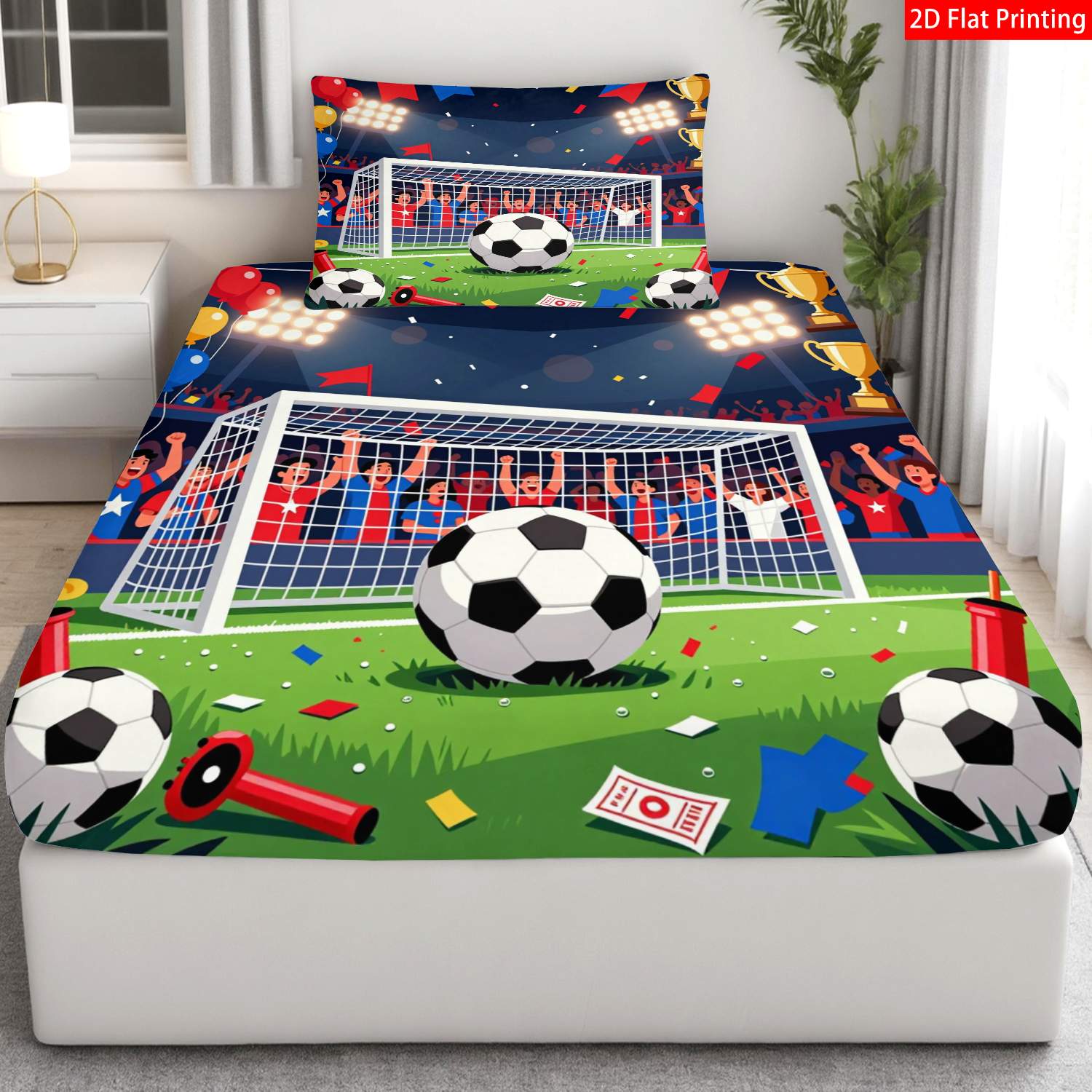 TEMU 2/3 piezas Sábana Ajustable Impresión 2D + Estilo Deportivo, Juego de Cama Temática Fútbol, Verde/Azul/, Estampado de Balón//, Decoración para