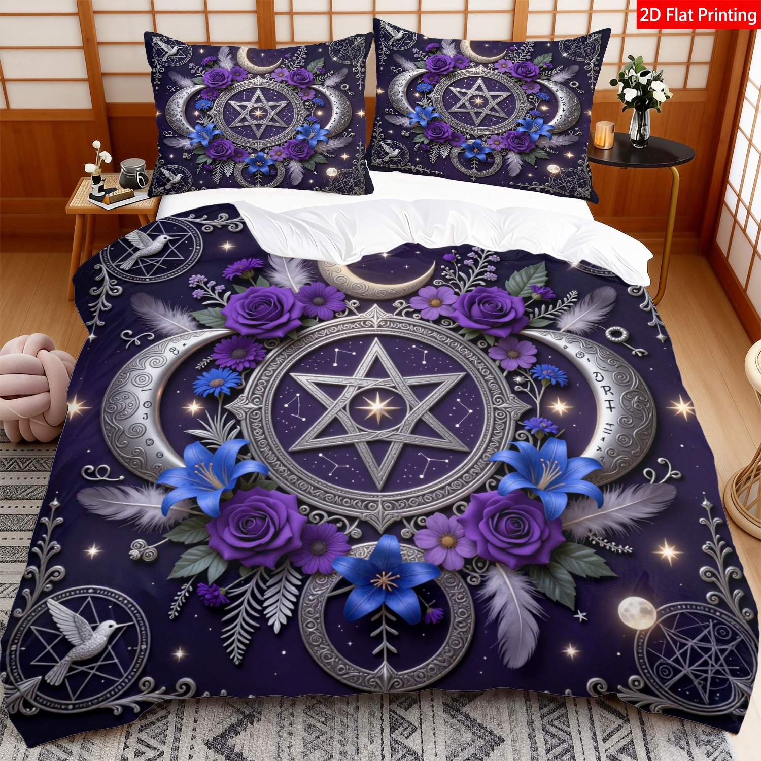 TEMU 2/3pcs 2d Flat Printing Gothic Bedding Purple Blue Celestial Moon Star Pentagram Floral Print Duvet Cover Pillowcase For Bedroom Decor(1*duvet