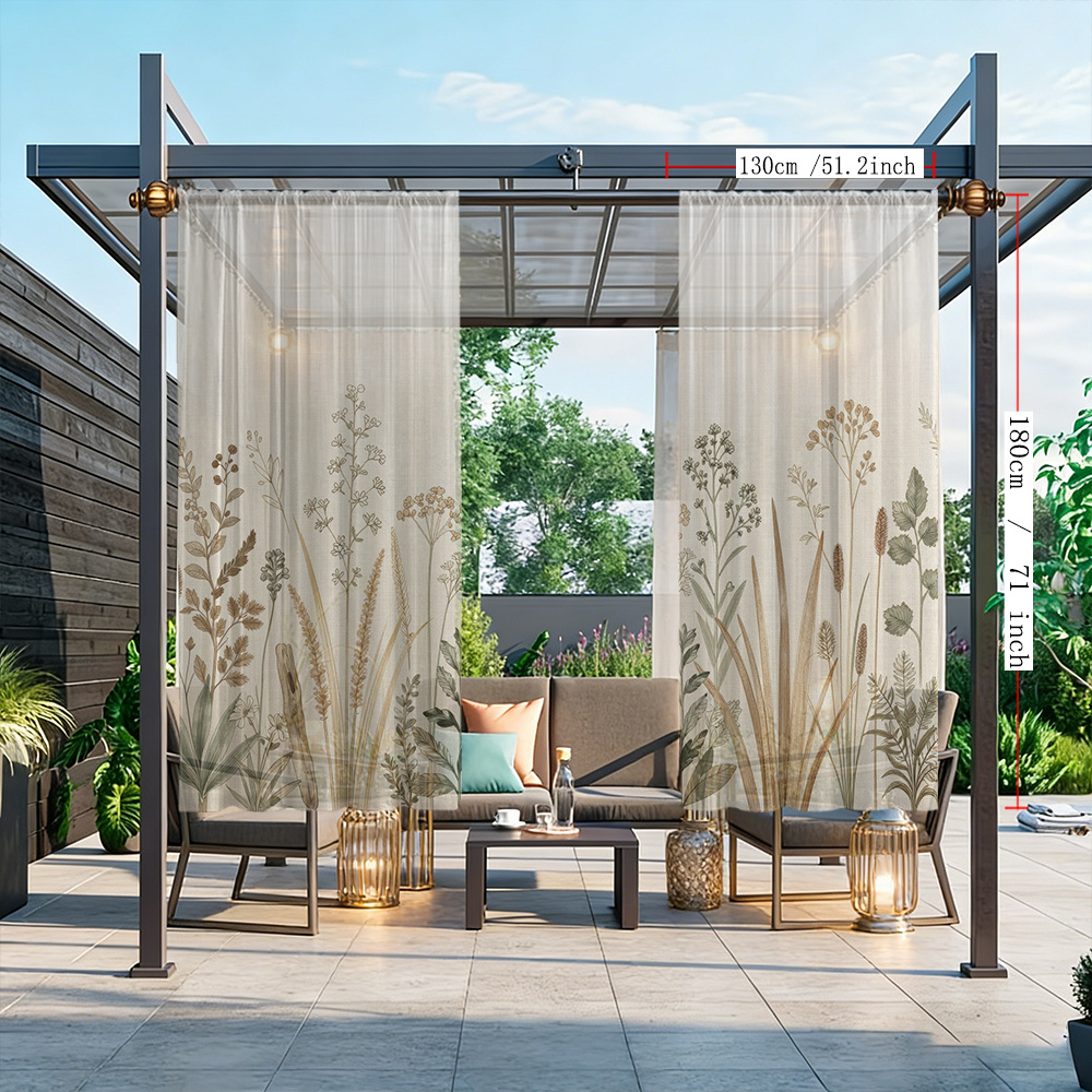 TEMU 2pcs 2d Flat Printing Vintage Wild Herbs Light Beige Background Print Decorative Window Sheer Curtains, Spring Summer Outdoor Decorative