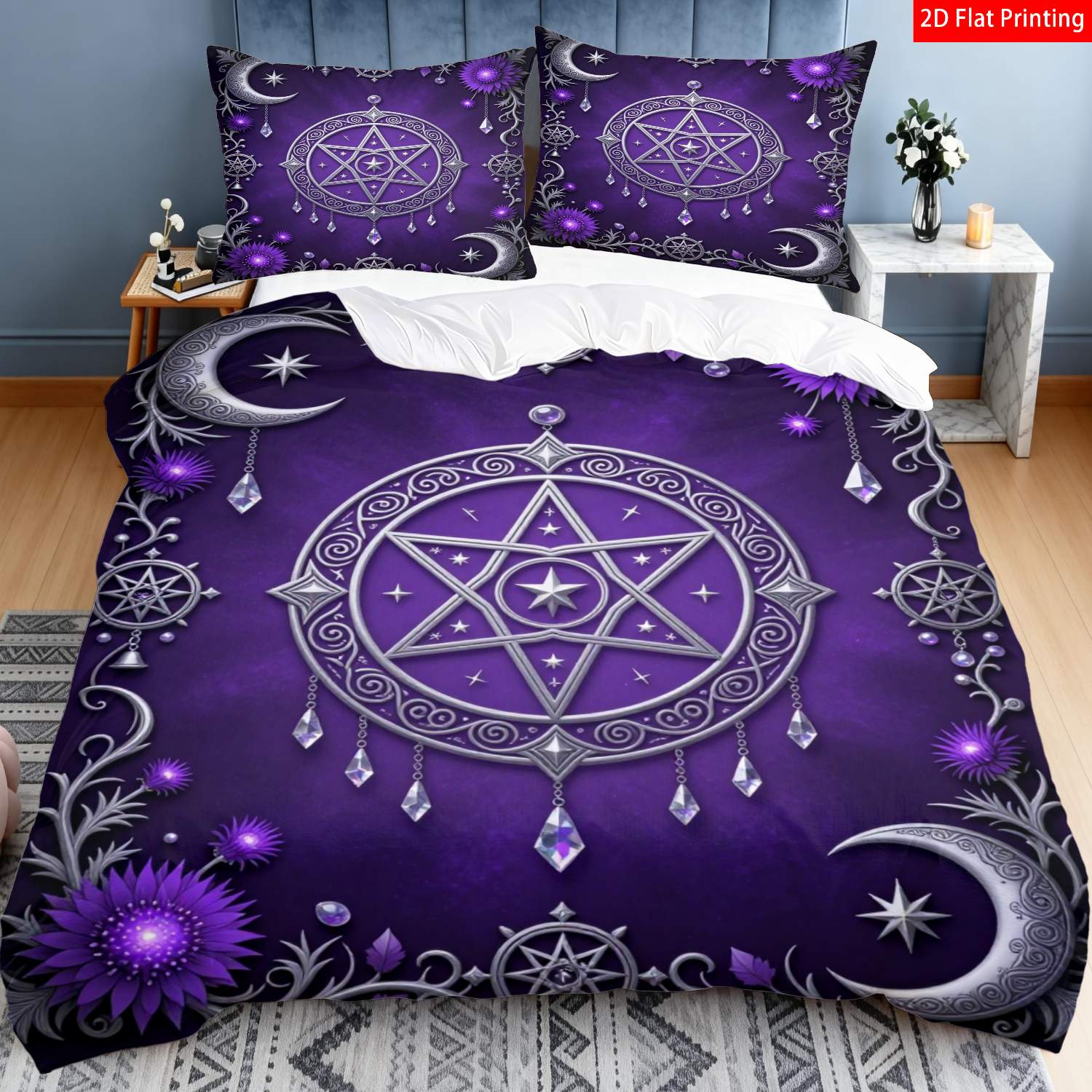 TEMU 2/3pcs 2d Flat Printing Gothic Bedding Pentagram Moon Duvet Cover Set For Bedroom Decor(1*duvet 1/2*pillowcases, Without Core), 2d Flat