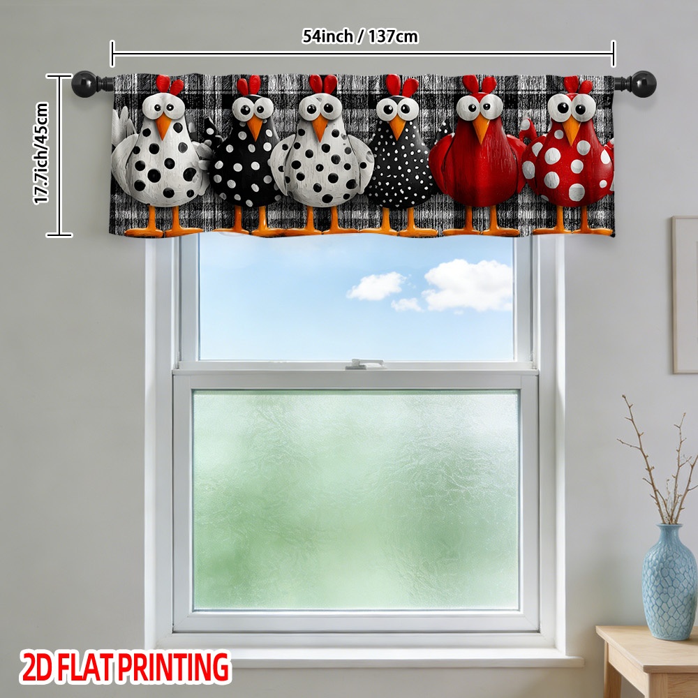 TEMU 2d Flat, 1pc Polka Dot Cartoon Chickens Curtain Valance - Rustic Winter Window With Edges, Light Filtering Polyester Fabric For Kitchen, Dining