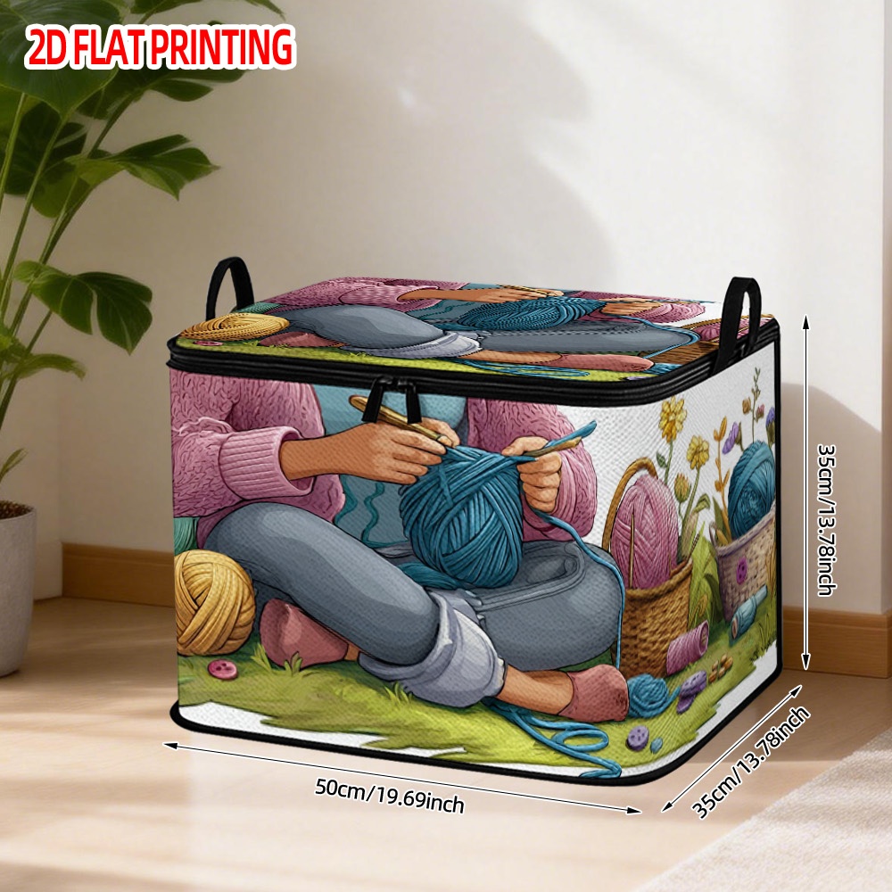 TEMU 1 Yarn Craft Scene Storage Basket With | Durable Fabric Organizer Box, Designed With A Yarn Craft Scene Motif, Perfect For Storing Clothes,