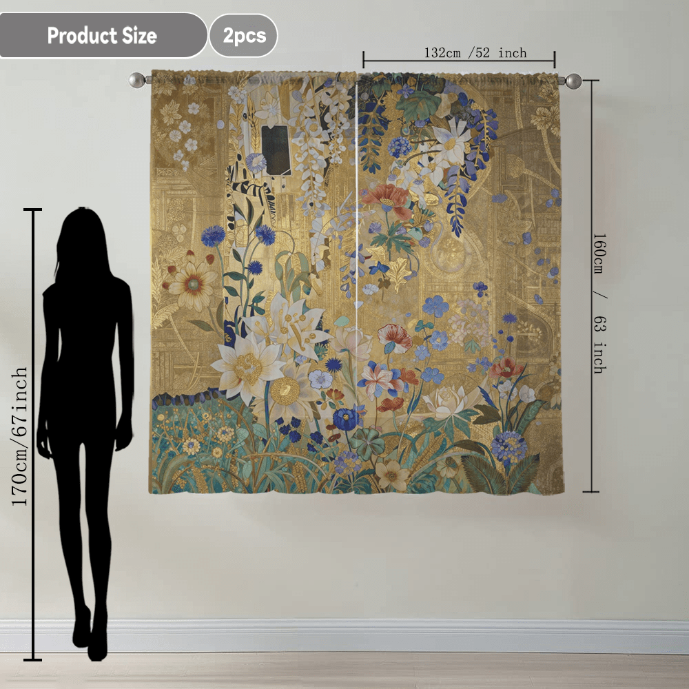 TEMU 2pcs Style Golden-base Floral Vine Pattern Printed Decor Curtains, Modern Flowing Sheer Curtains, Suitable For Kitchen, Cafe, Dining Room,
