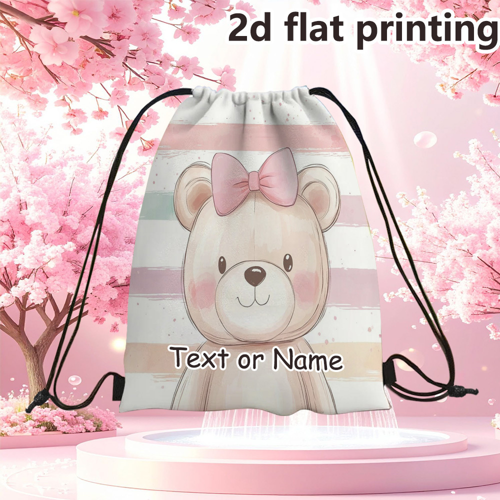 TEMU 1pc Custom Text & Name, Bear Print Drawstring Backpack, Cute Teddy Bear With Pink Bow On Soft Stripes Background | Ideal For School, Travel, And