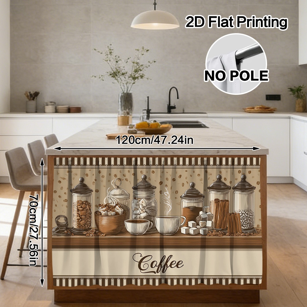 TEMU Rideau de cuisine semi-transparent moderne 2D plat, 1 pièce, motif café et tasse - Poche pour tringle, adapté aux armoires, tissu polyester