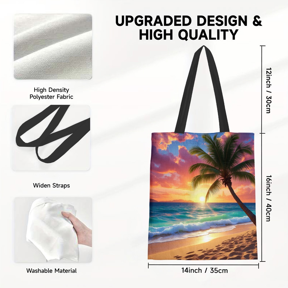 TEMU 1pc Large Capacity Women' Beach Sunset Print Tote Bag - Reusable Polyester Grocery Bag With Sunny Beach, Suitable For Shopping, Travel, Picnic,,