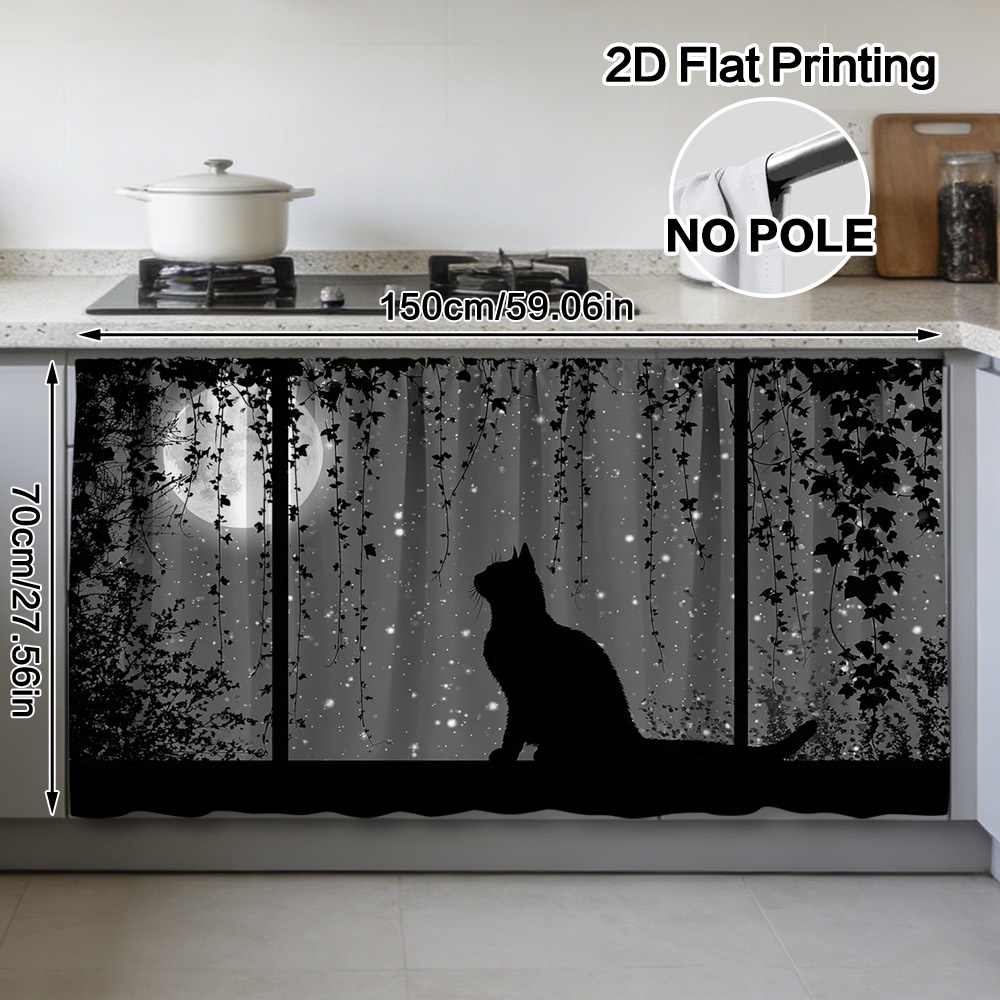 TEMU 2d Flat, 1pc 1pcs Semi-sheer Black Cat Curtain Panel Suitable Bedroom Bathroom - Rod Pocket Window Drapes With Black Cat Print, Machine Washable