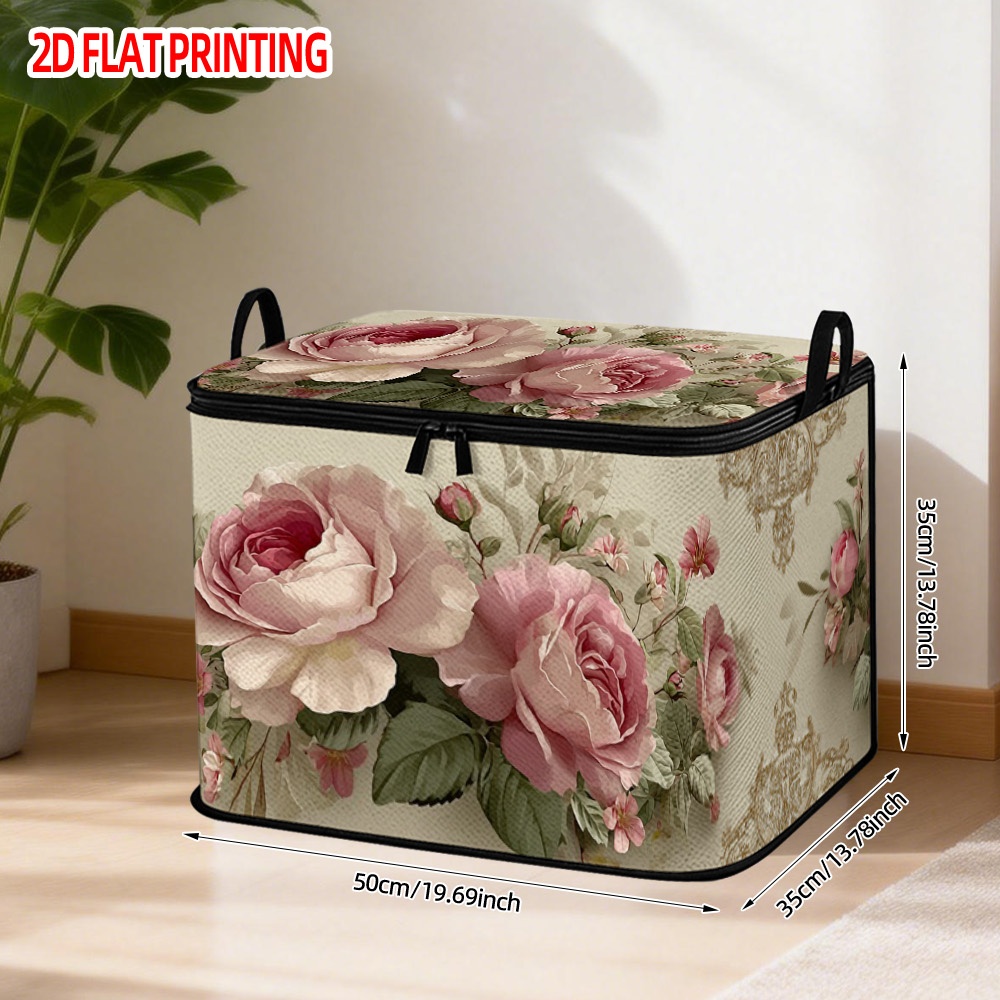 TEMU 1pc Floral Printed Laundry Basket With Lid | Sturdy Polyester Fabric Hamper For Clothes, Home Decor Organizer, Clothing Storage Basket, Closure,