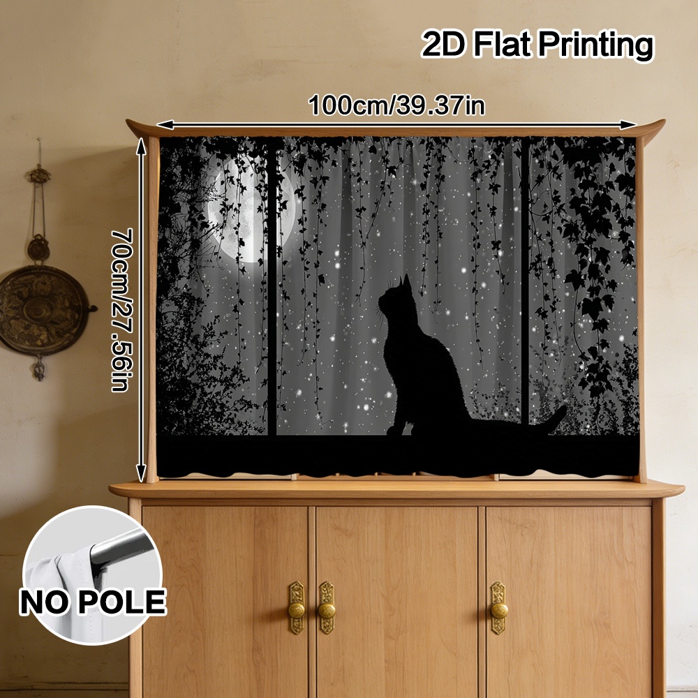 TEMU 2d Flat, 1pc 1pcs Semi-sheer Black Cat Curtain Panel Suitable Bedroom Bathroom - Rod Pocket Window Drapes With Black Cat Print, Machine Washable