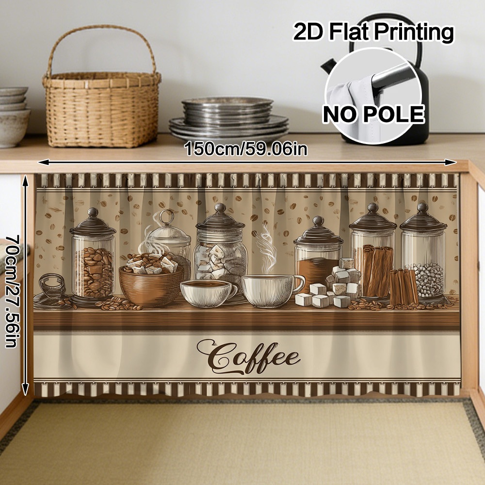TEMU 2d Flat, 1pc Modern Semi-sheer Kitchen Sink Curtain With Coffee & - Rod Pocket Suitable For Cabinets, Machine Washable Polyester Fabric, Shield