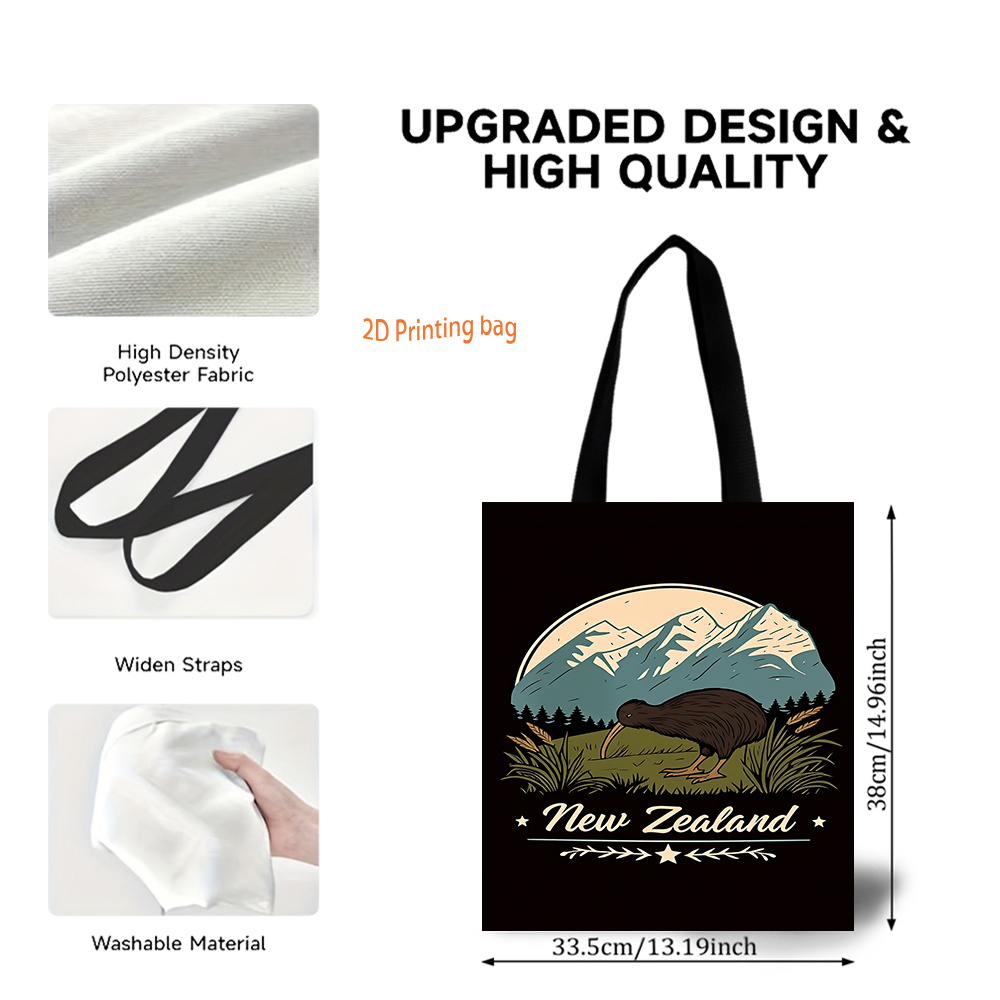 TEMU 2d Printed Tote Bag, 13.19x14.96 Inches, Black, With A Kiwi Bird And Mountain Landscape Theme Pattern From New Zealand, Shopping, Grocery