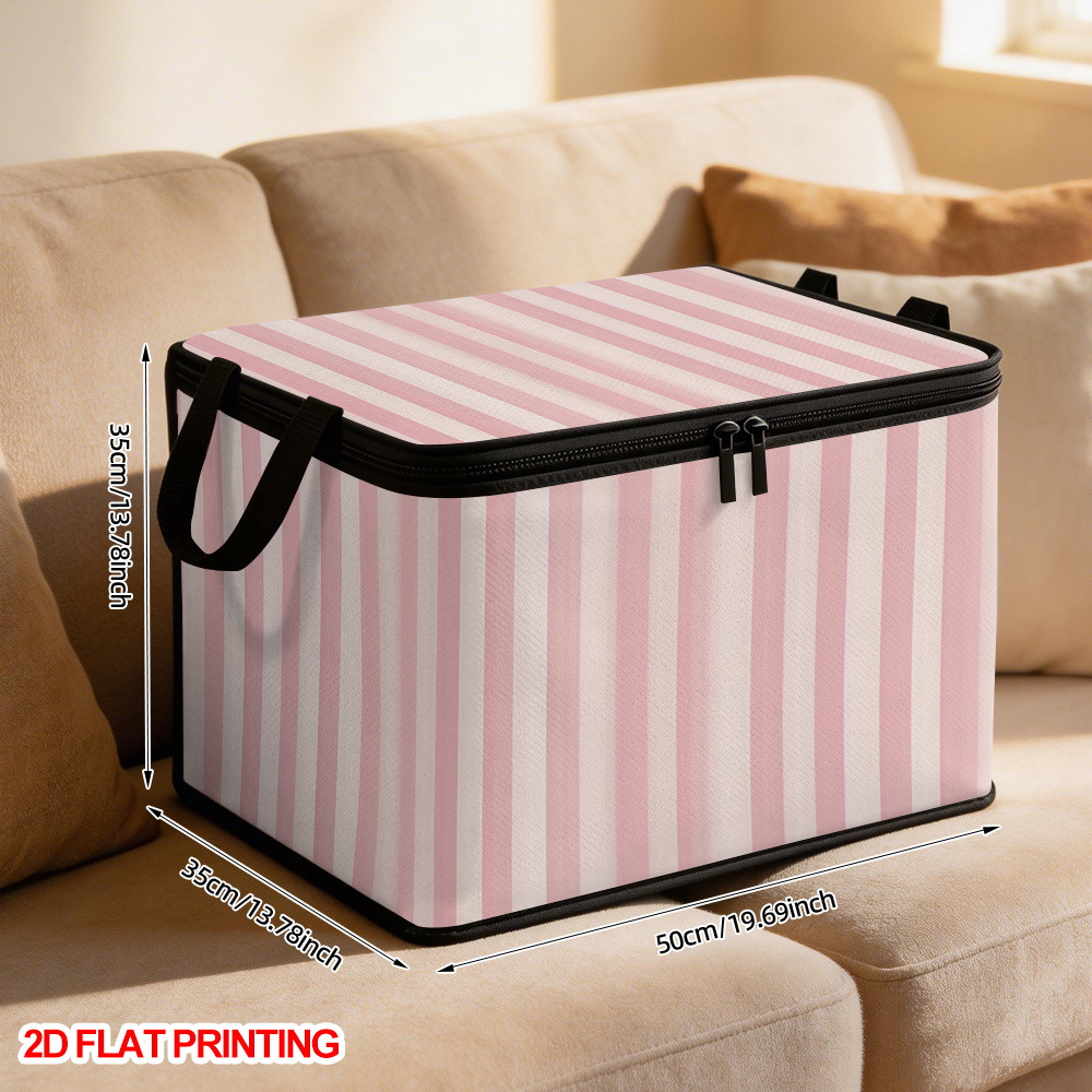 TEMU 1pc Pink Vertical Stripes - Foldable Storage Organizer With Soft Fabric Lidded Storage Bins Zippered Lid, Collapsible Square Basket For Laundry,