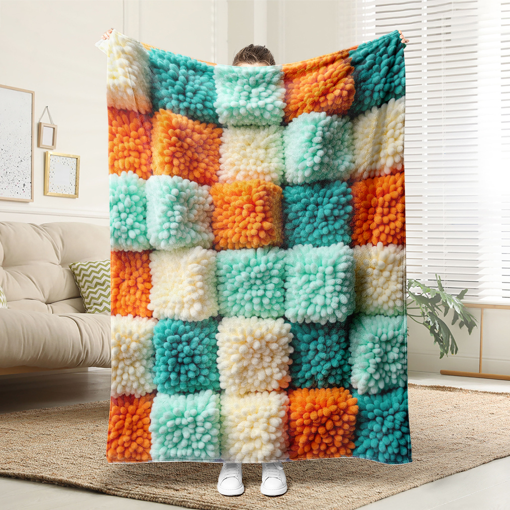 TEMU A Cozy And Colorful Fleece Blanket With Pom-poms, Soft Printed Cooling Blanket Suitable For All Year Round, Made Of 100% Polyester, A Perfect