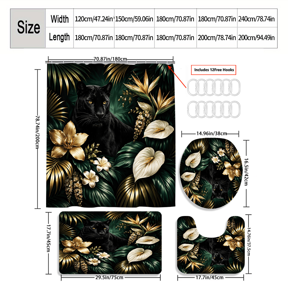 4pcs Black Panther Jungle Shower Curtain Set