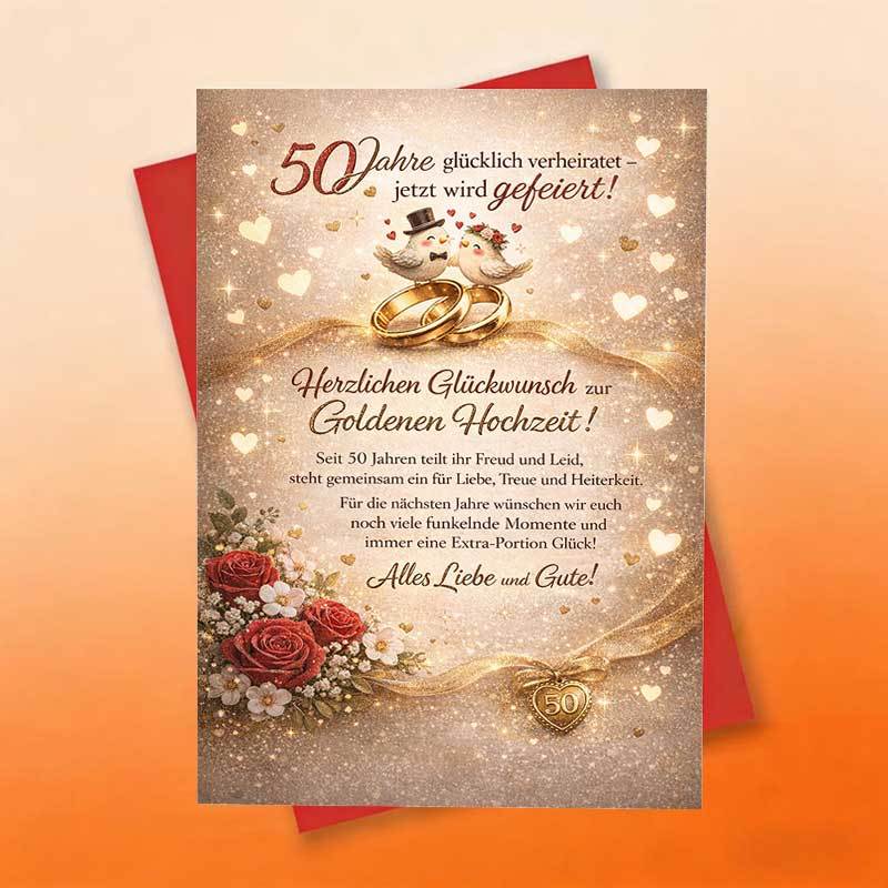 E-shop Eine goldene -Hochzeitstag-Karte mit Ringen, Tauben und Rosen im eleganten Glitzerdesign. Sie enthält einen deutschen Text drinnen und ist ideal
