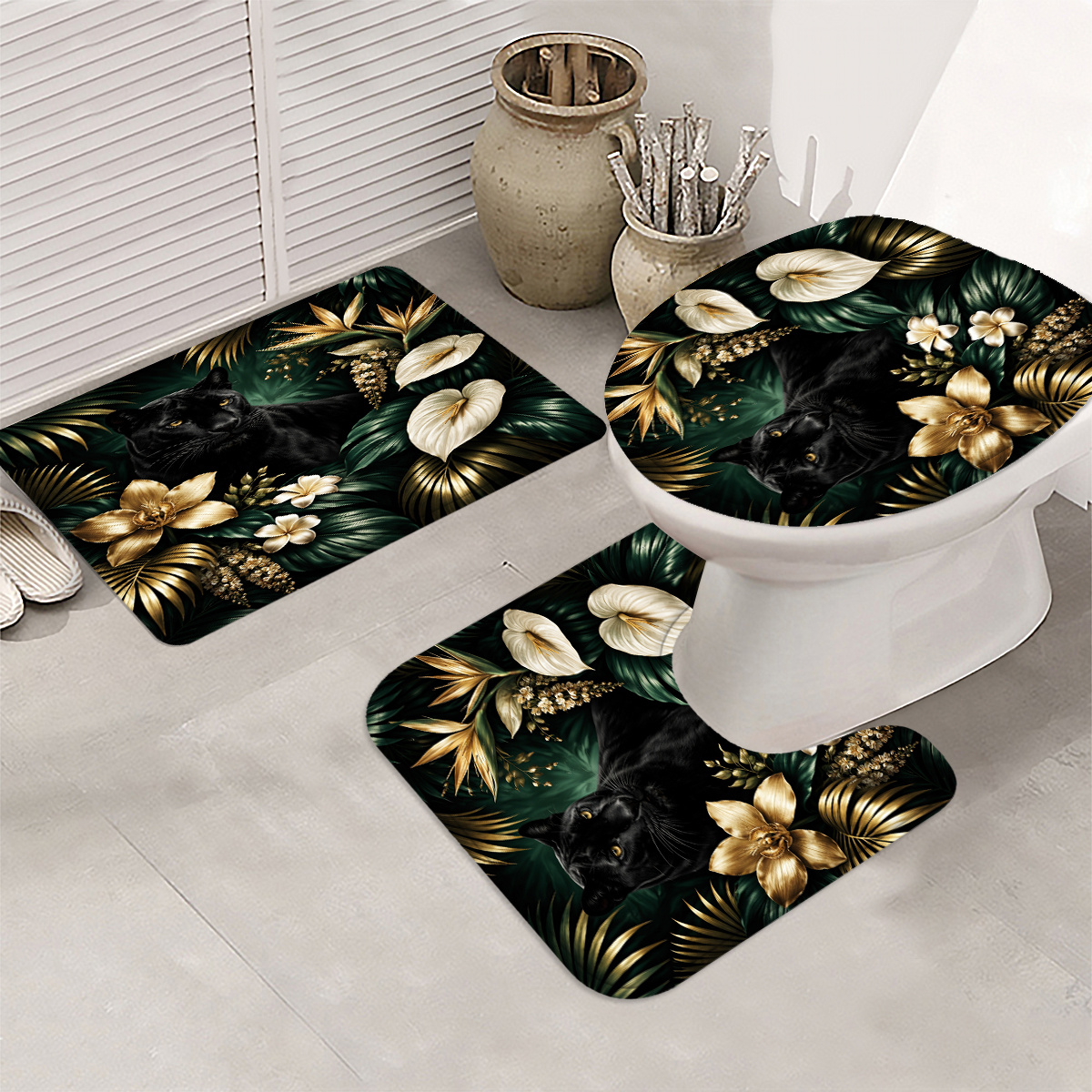 4pcs Black Panther Jungle Shower Curtain Set
