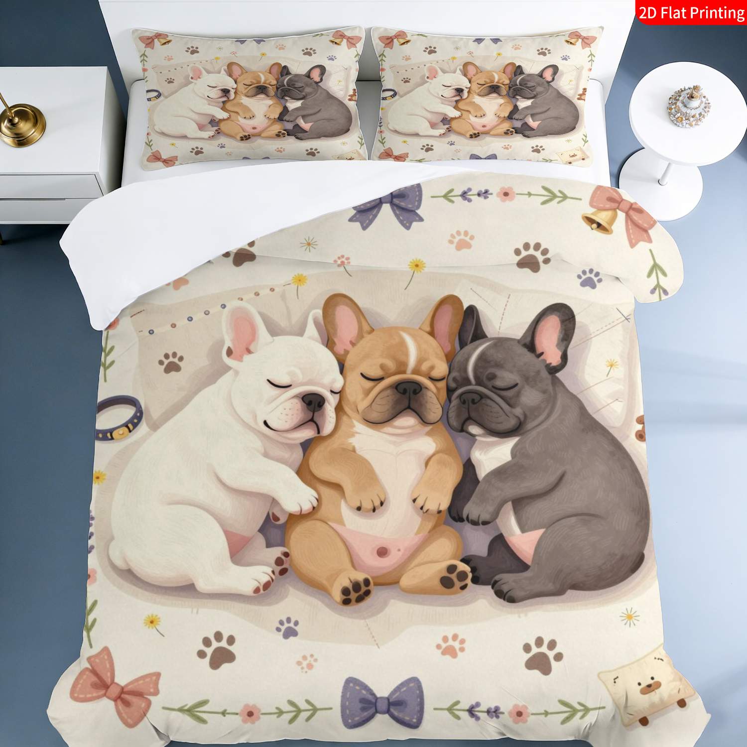 TEMU 2/3pcs 2d Flat Printing Duvet Cover Set Cute French Bulldog Puppies Design Cozy Bedding Beige Background With & Suitable For Bedroom