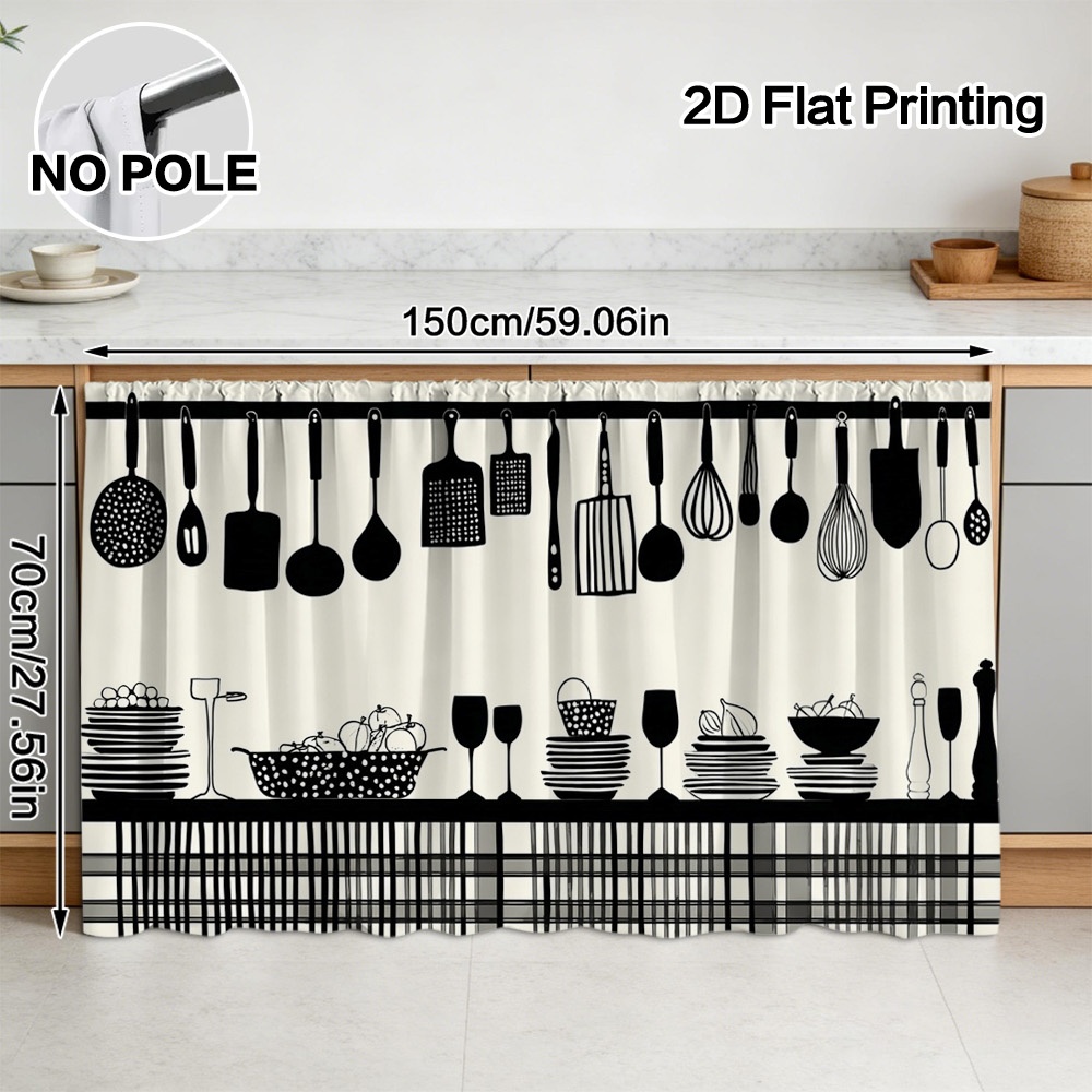 TEMU Plat 2D, Rideaux Décoratifs Plats 2D pour Armoires, Motif d'Ustensiles de Cuisine - Installation Facile à Suspendre, Lavables en Machine,
