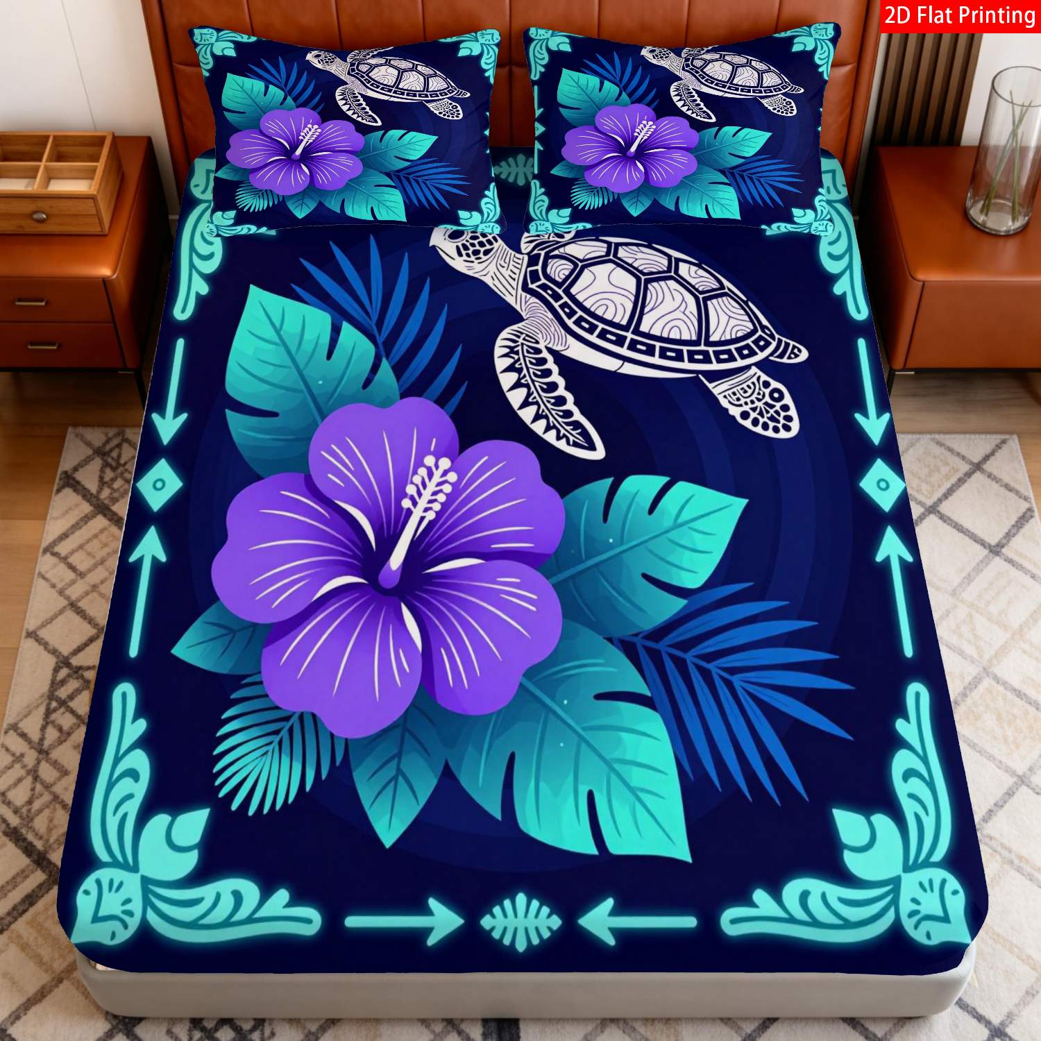 TEMU 2pcs/3pcs Latacaca Hawaiian Bedding Suitable For - Use, Sea Turtle & Hibiscus Print Sheets With Fitted Bedspread & Half-pillowcases, Navy Purple