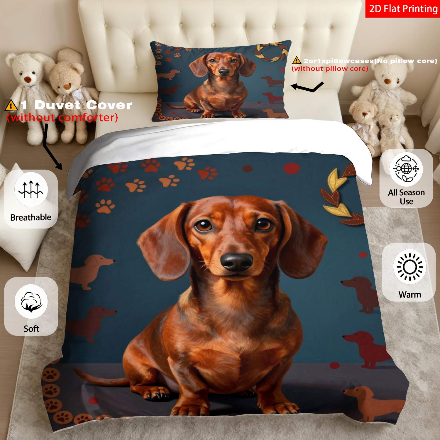 TEMU 2/3pcs Of Modern Minimalist 2d Flat Printed Quilt Cover Bedding Featuring A Dachshund Theme In Blue, Brown, And Red, With Dog , , And Wreath