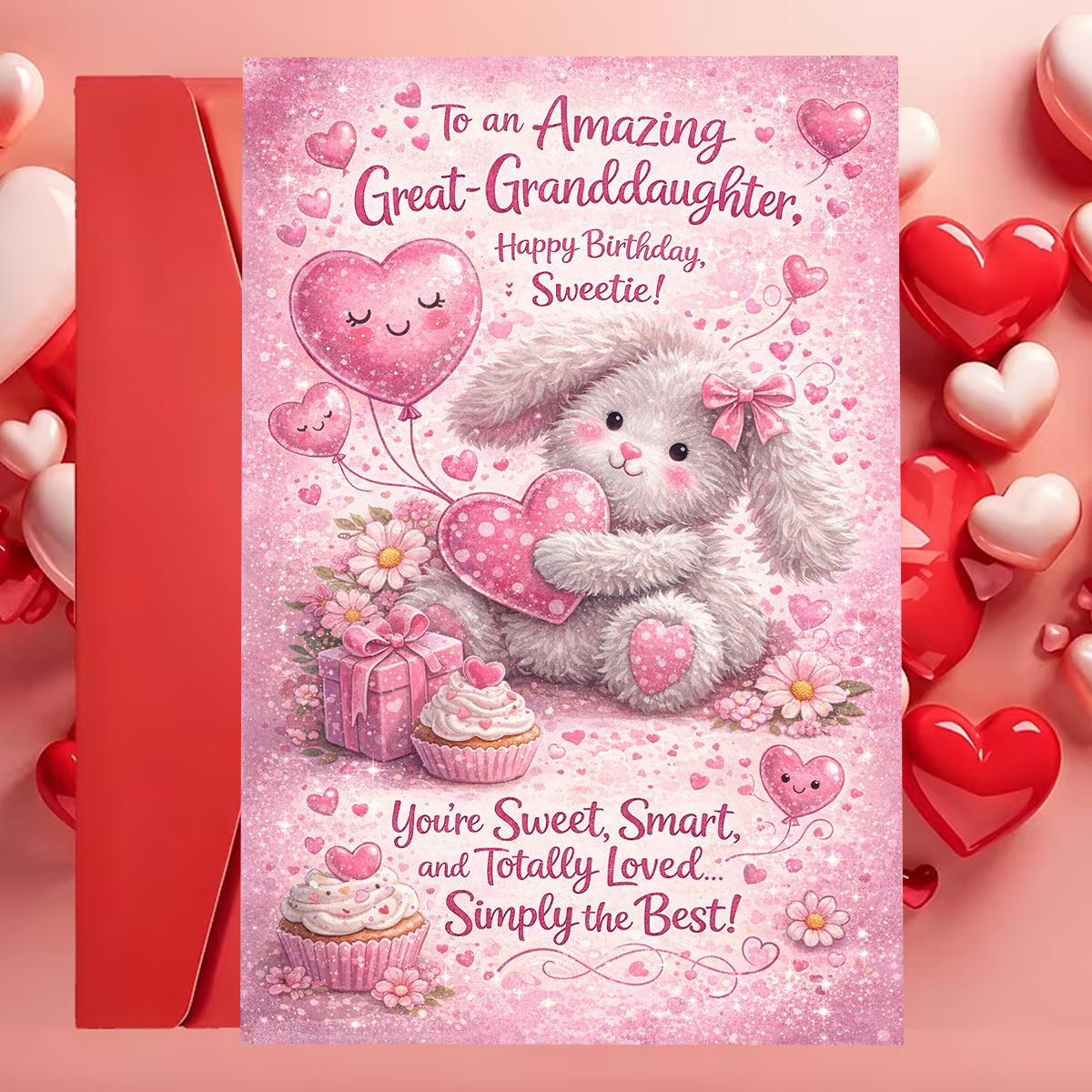 TEMU 1pc Adorable Birthday Greeting Card, Featuring A Fluffy Bunny With Heart Balloons And Cupcakes, "sweet Wishes," Suitable For A Great