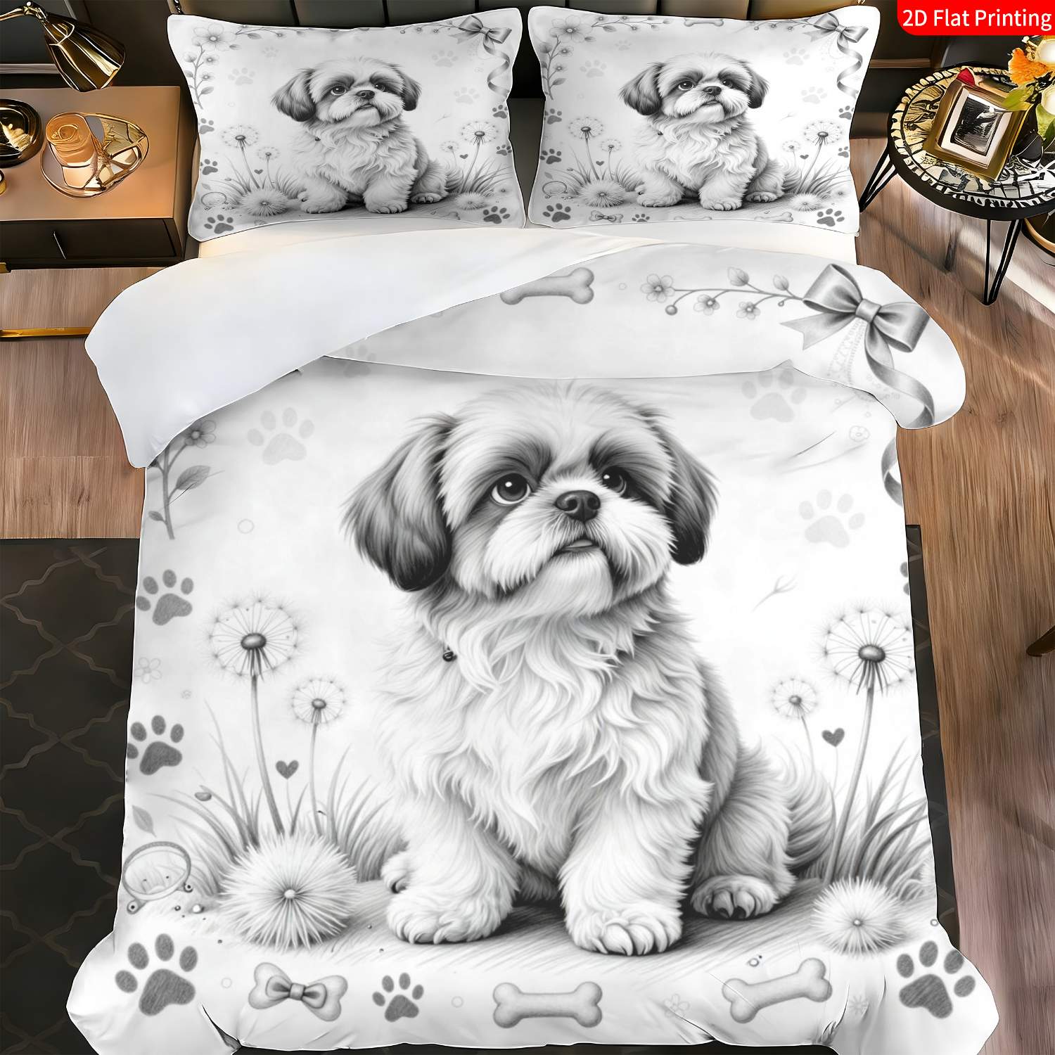 TEMU 2pcs/3pcs Latacaca Shih Tzu Bedspread Suitable For Occasions, Bedding With Shih Tzu Puppy Print, Zipper Closure Quilt Cover & Pillowcases,