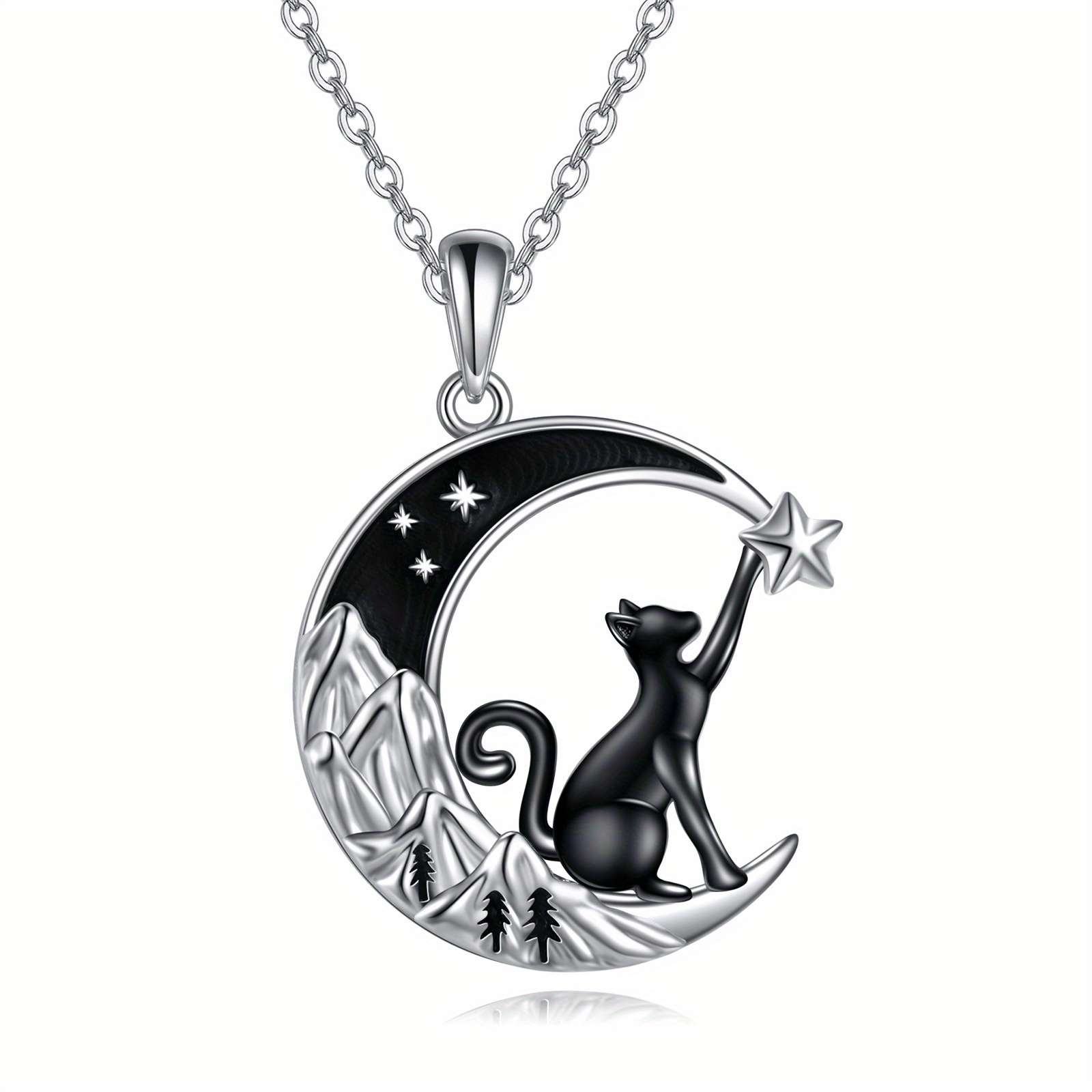 Image of 925 Pure Silvery Cat Necklace With Mountain Moon Pendant Jewelry, Birthday Gift For Love Cats