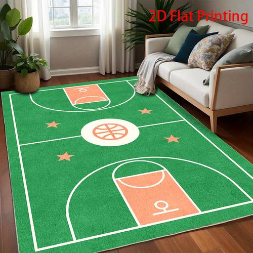 item picture athleisure style green basketball court star pattern velvet printed carpet machine washable non slip thickened and durable suitable for living room bedroom entrance hallway office and fits modern easy sporty style