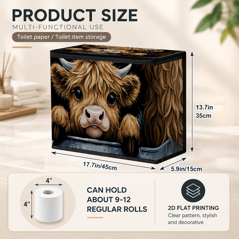 TEMU 2d Flat,1pc Toilet Paper Storage Cute Cow And Daisies Design With Handles - Foldable Covered Organizer Bin For Bathroom Bedroom Sturdy