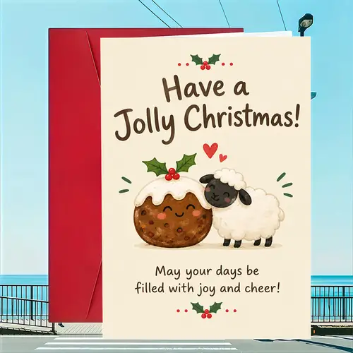 1 greeting card 1 envelopecute sheep christmas greeting card flat holiday note for with pudding illustrationgreeting card