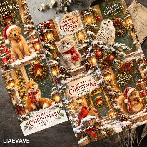 12 tebrik kartı + 12 noel 2d tebrik kartı, karlı kış manzarasında hayvanlar , arkadaşlar i̇çin uygun, noel şenlikli sanatsal tarz