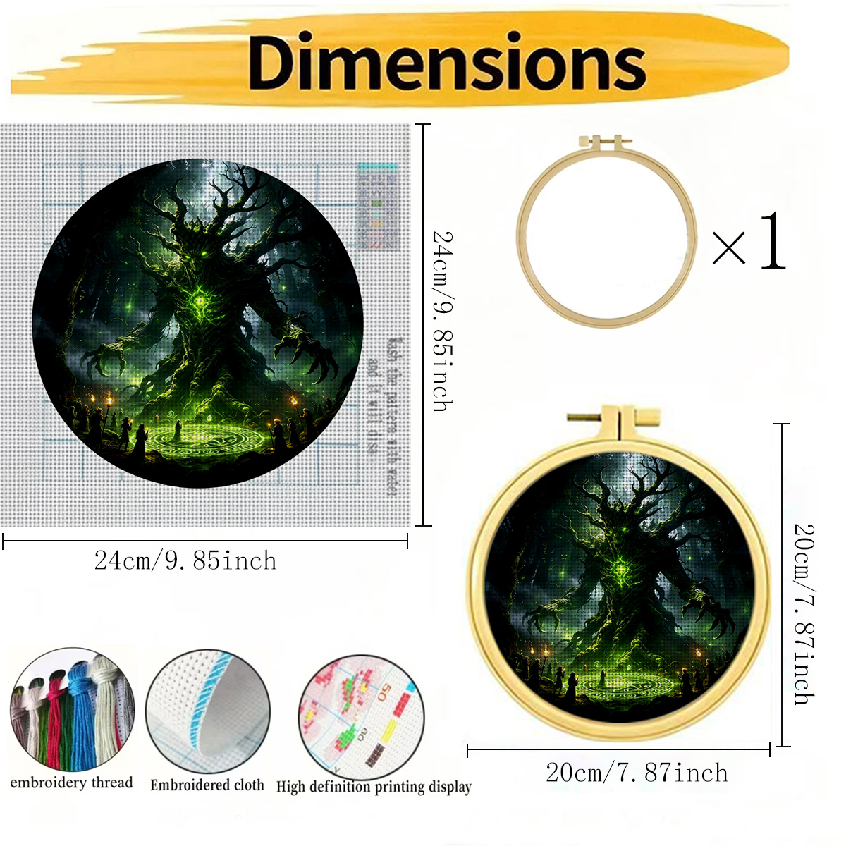 Round Cross-Stitch Printed Kit with Hoop, Ancient Tree Ritual