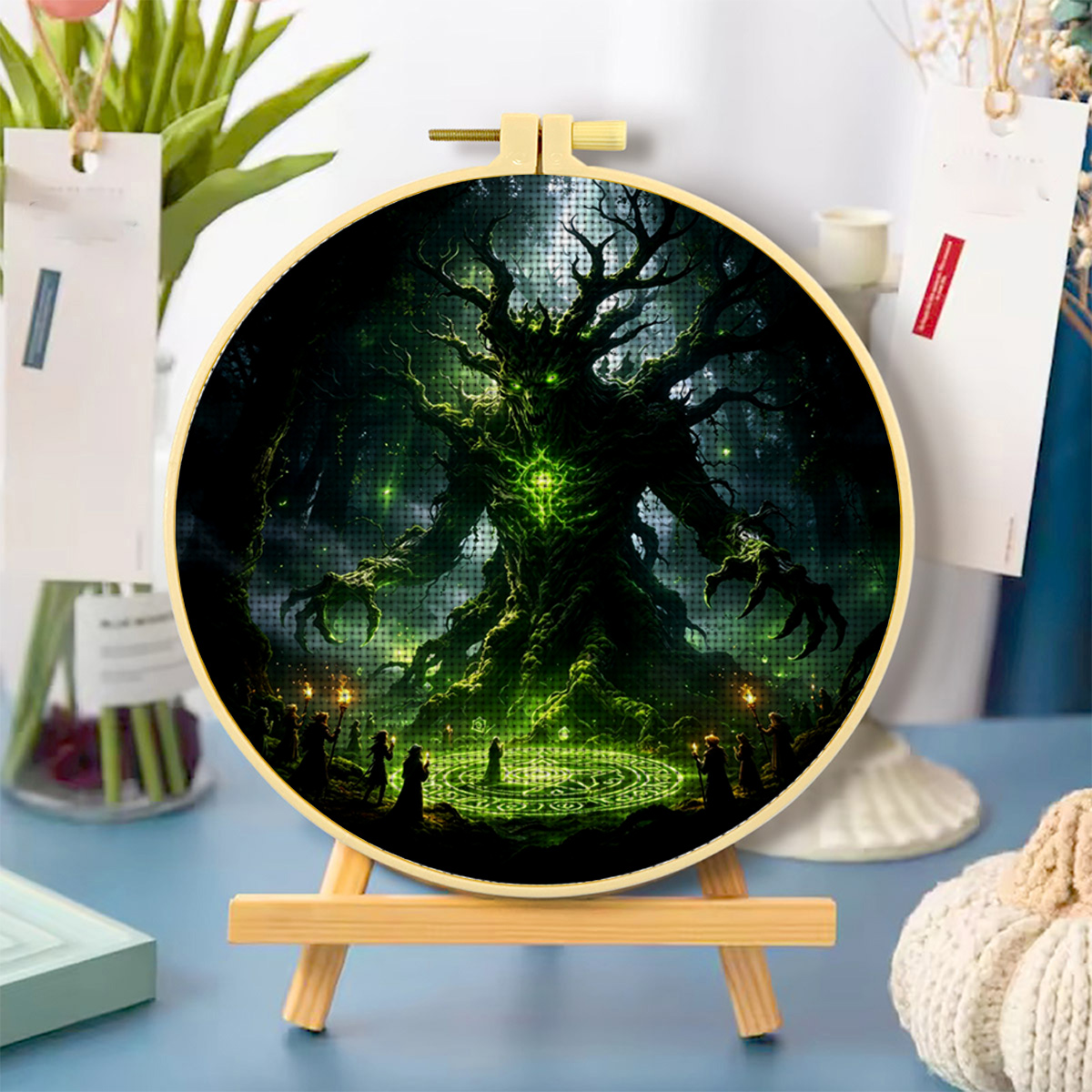Round Cross-Stitch Printed Kit with Hoop, Ancient Tree Ritual