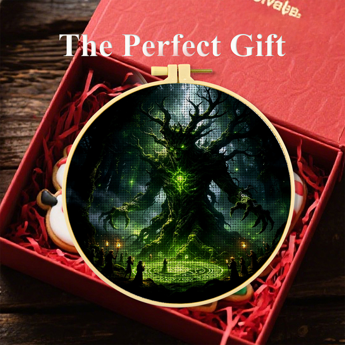Round Cross-Stitch Printed Kit with Hoop, Ancient Tree Ritual