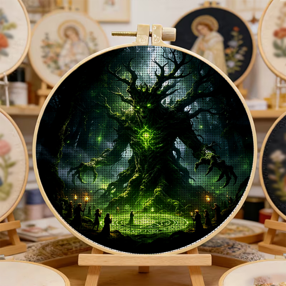 Round Cross-Stitch Printed Kit with Hoop, Ancient Tree Ritual