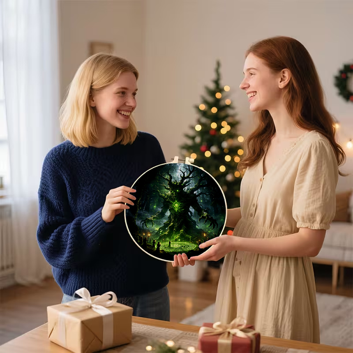 Round Cross-Stitch Printed Kit with Hoop, Ancient Tree Ritual