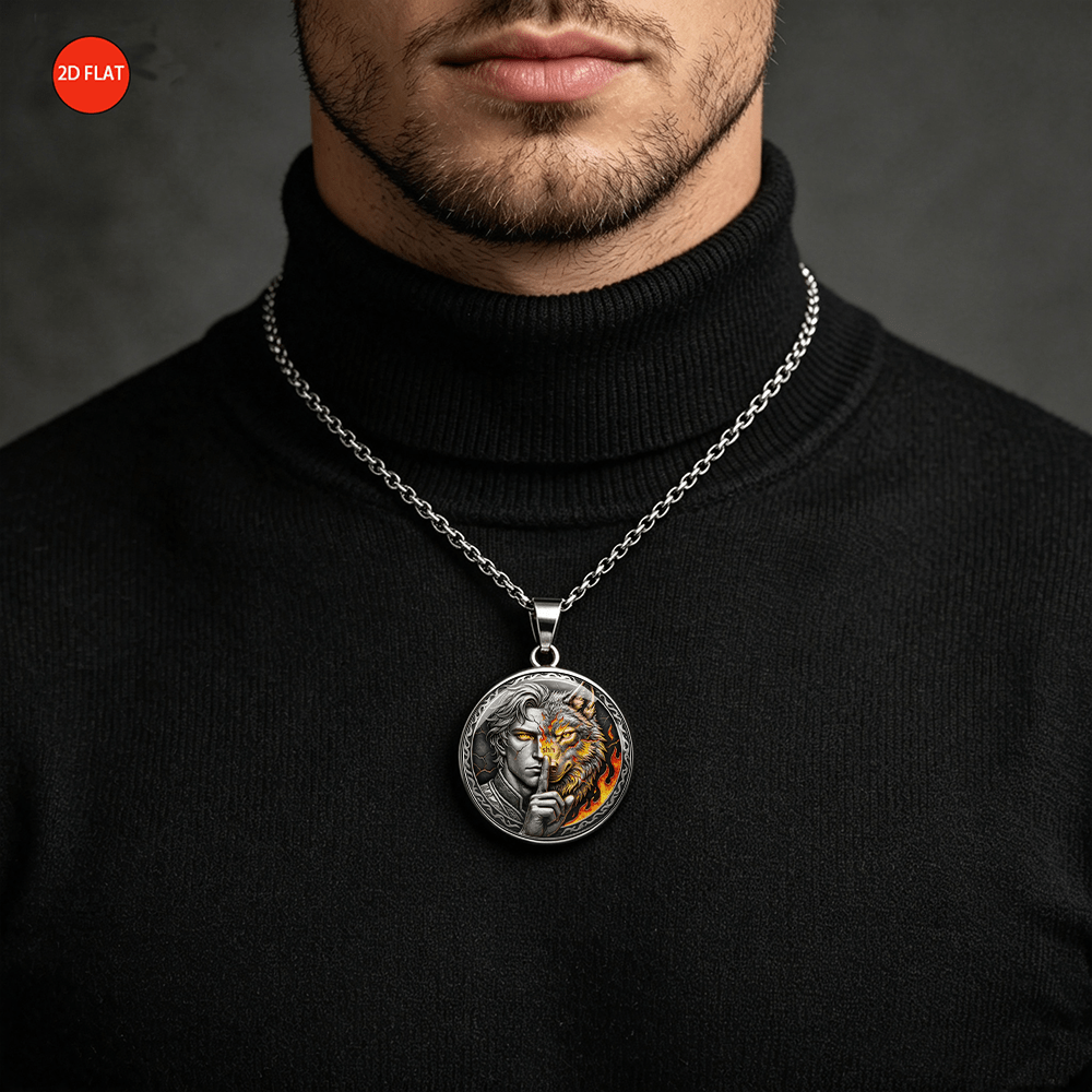 Human-Faced Wolf Head Print Stainless Steel Necklace