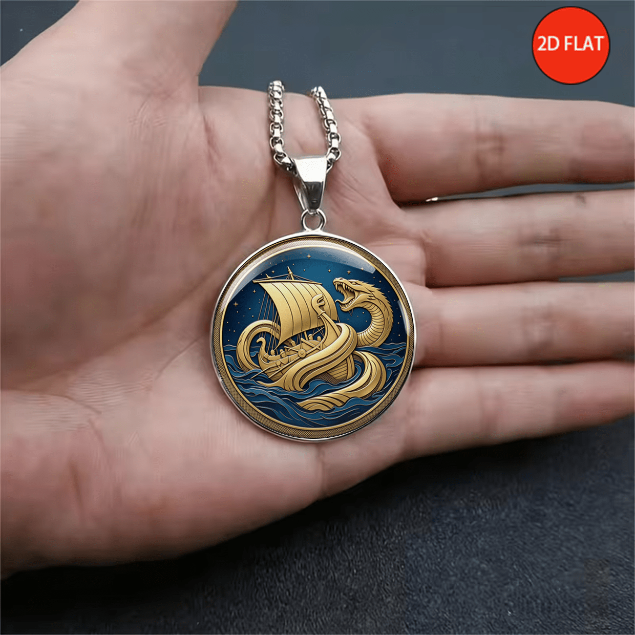 2D Flat Viking Longship and Sea Serpent Print Necklace