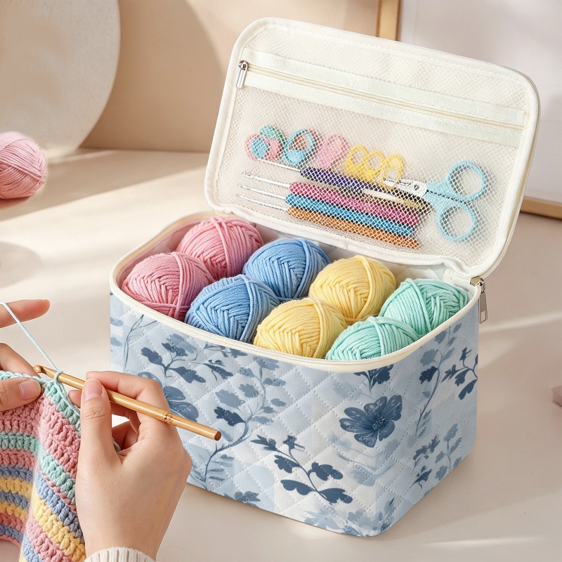 item picture yarn storage bag     gray blue ink floral pattern 2d printed large capacity     with internal mesh pouch can store yarn balls crochet hooks sewing additions home and outing storage for hand knitting enthusiasts