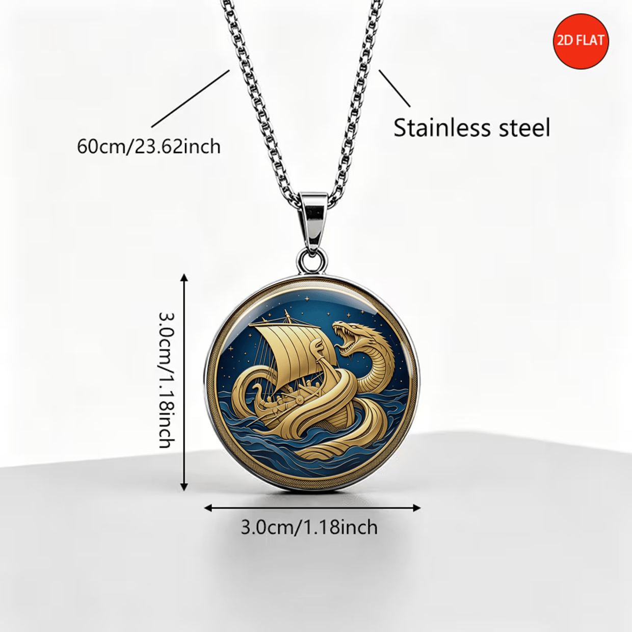 2D Flat Viking Longship and Sea Serpent Print Necklace
