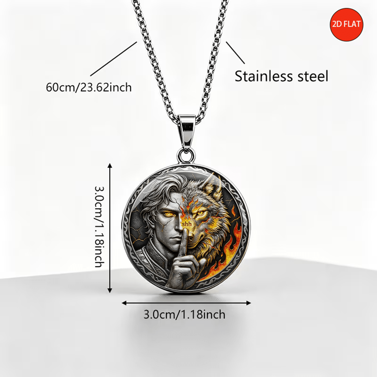 Human-Faced Wolf Head Print Stainless Steel Necklace